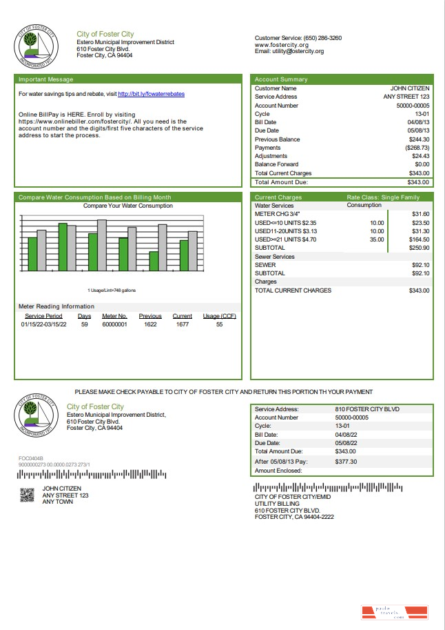 USA California City of Foster City utility bill template in Word and PDF format